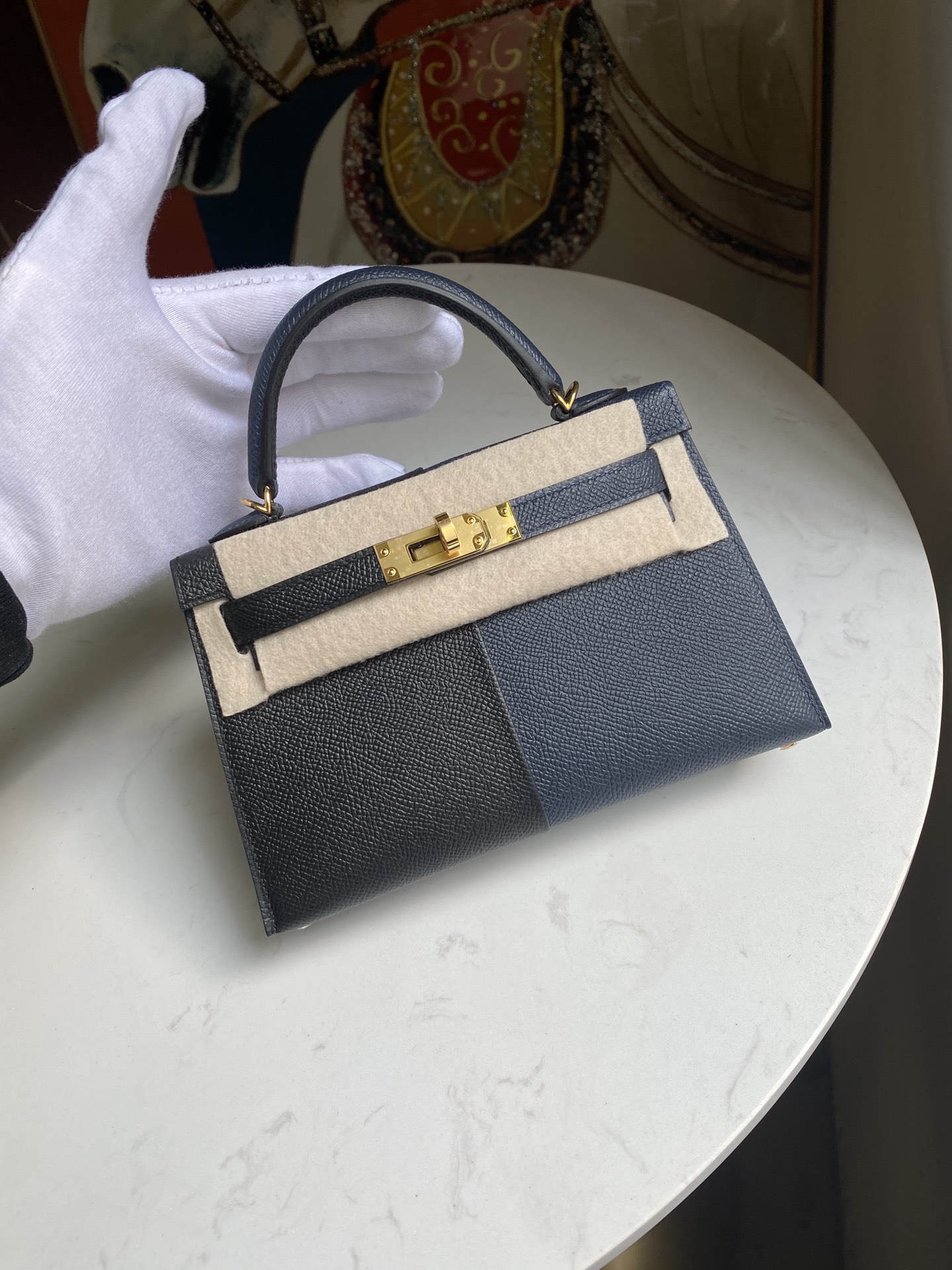 에르메스 미니 켈리백 블랙 미드나잇블루 금장 앱송